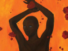 A painting of an unclothed dark-skinned figure with their arms above their head against a bright orange background