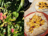 A diptych. A photograph on the left of peaches on a tree and a photograph on the right of a peach pie.