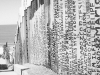 A black and white photograph of a fence made of upright slats, each with words written on them vertically