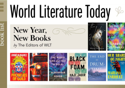 A tile collage featuring the covers to the books from the list below. Text reads: World Literature Today. New Year, New Books, by the Editors of WLT.