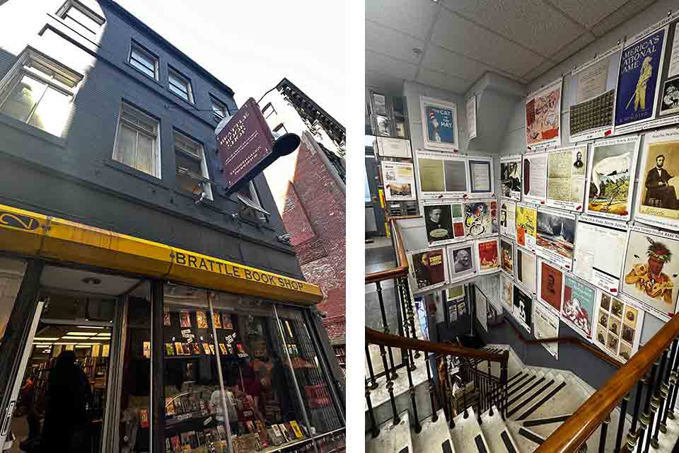 Two photos of the exterior and interior of the book store