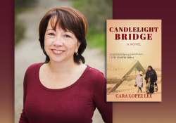 A photograph hof Cara Lopez Lee and the cover to her book Candlelight Bridge