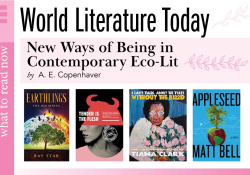 A collage tile featuring the covers to the four books discussed in the article below. Text reads: World Literature Today. New Ways of Being in Contemporary Eco-Lit, by A. E. Copenhaver