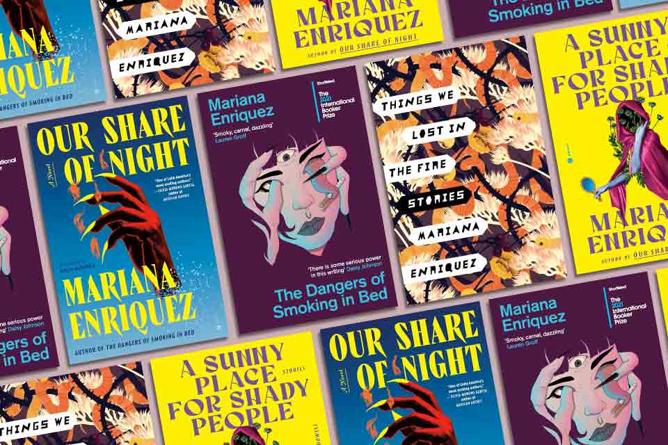 A collage of covers to books written by Mariana Enriquez