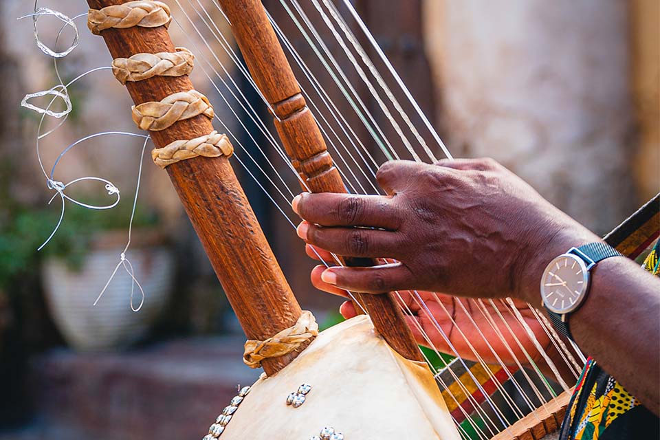 A photograph of Sona Jobarteh playing the koto