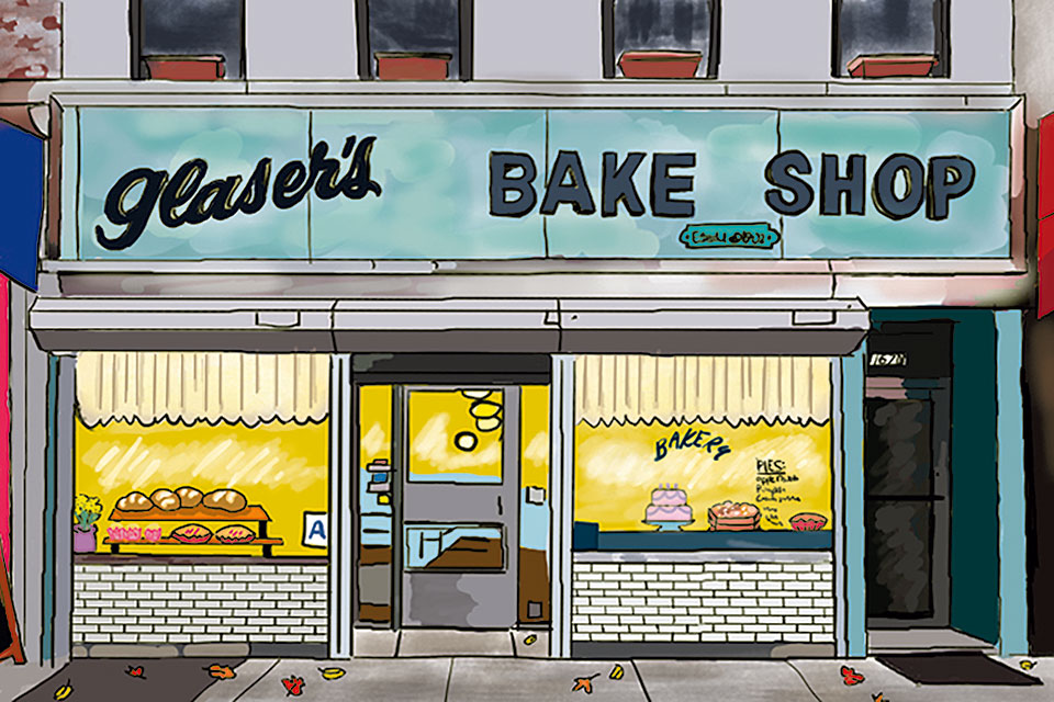 An illustration of a store front. The sign above reads, “Glaser’s Bake Shop”