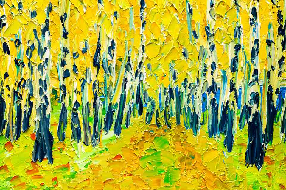 An oil painting of aspen trees