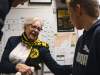 Photo of Holocaust survivor Eva Weyl speaking to a young participant at the BVB-Lernzentrum in Dortmund 