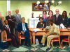 A painting of a number of political figures, including President Barack Obama, meeting with an incarcerated person at the White House