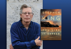 A picture of Stephen King and the cover to his book You LIke It Darker