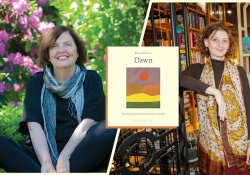 Photographs of Maureen Freely (left) and Sevgi Soysal (on the right) with the cover to Soysal's book Dawn