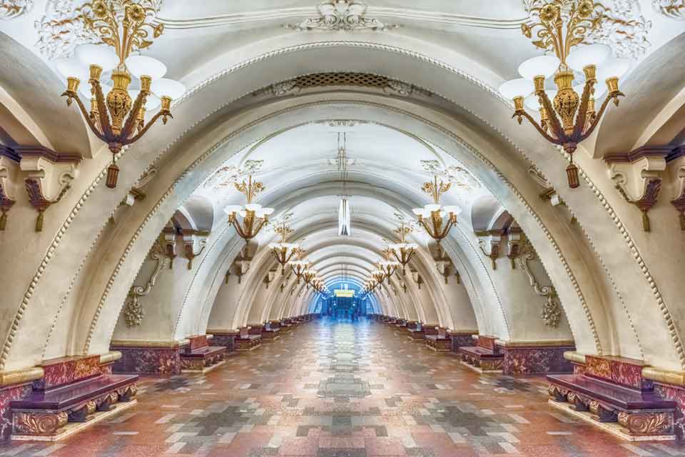 Interior of Arbatskaya subway station in Moscow, Russia