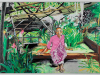 An oil painting of an old woman sitting on a bed in a lean-to.