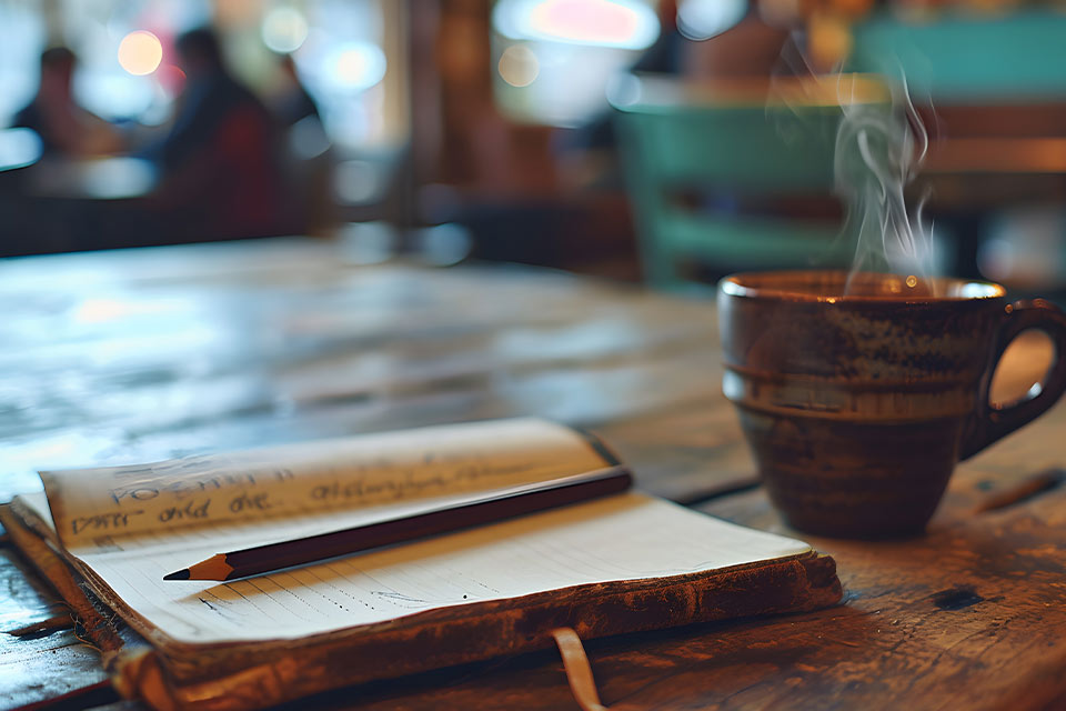 A photograph of a pen lying across an open journal on a table