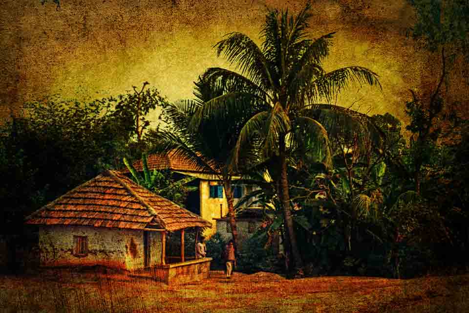 A photograph of a hut in a tropical setting. The image has a dark filter on it.