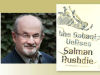 A photo of Salman Rushdie juxtaposed with the cover to his book The Satanic Verses