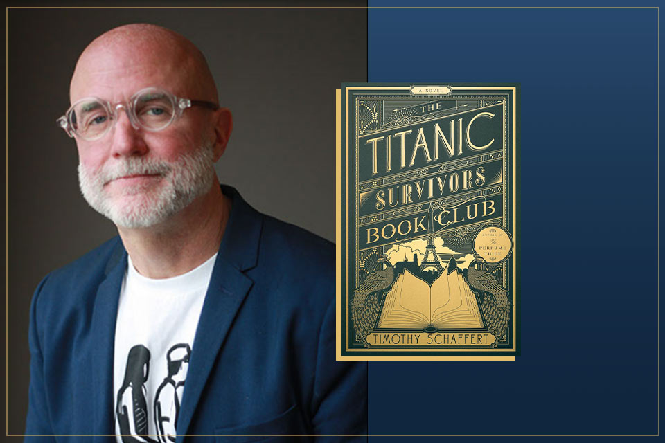 A photograph of Timothy Schaffert with the cover to his book The Titanic Survivors Book Club