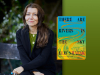 A photograph of Elif Shafak with the cover to her book There Are Rivers in the Sky