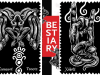 Two surreal illustrations, rendered in white on a black background with the word "Bestiary" in white on a red background in the center