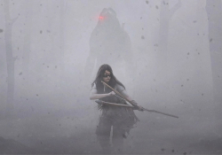 A photographic still image of a young woman clothed in historical Comanche garb, brandishing a notched arrow as a large figure rises behind her in the fog