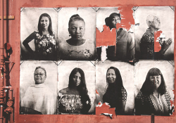 A series of women's photographs against a rust red background