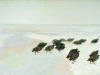 A painting of partridges walking across a snowy landscape