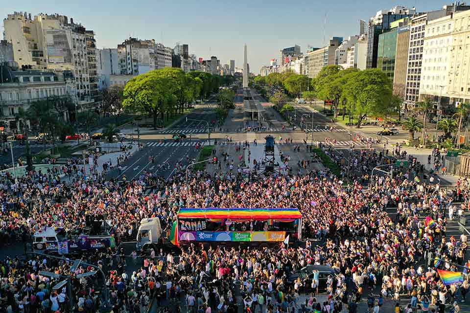 An aerial photograph of a Pride parade in Buenos Aires