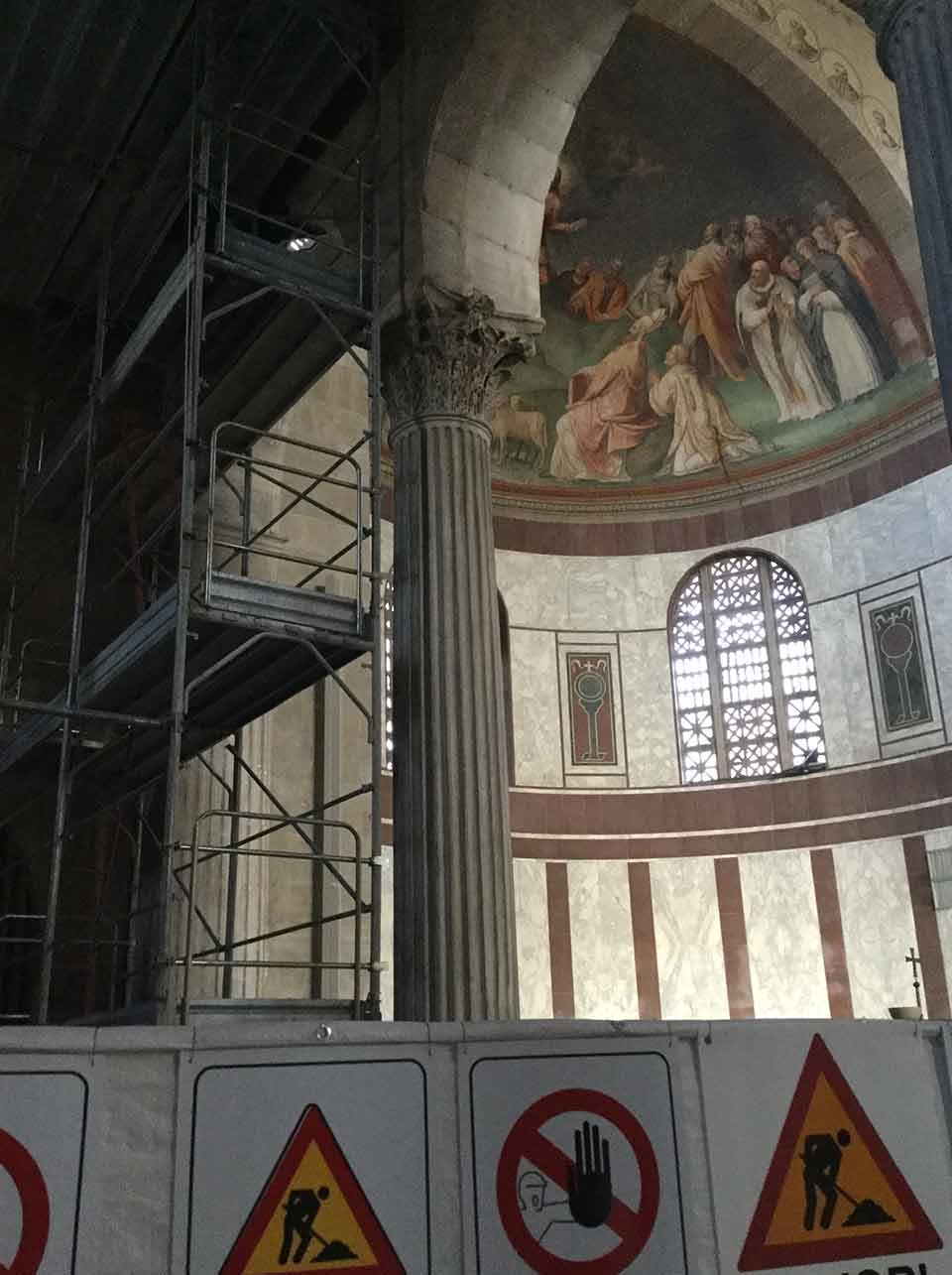 A photograph of internal construction inside of a cathedral