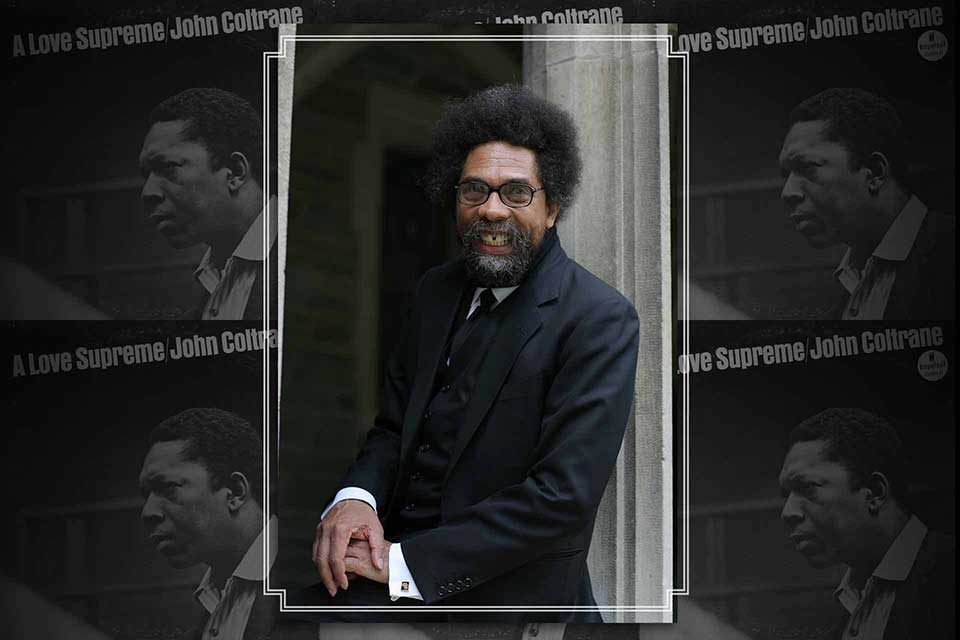 A photograph of Cornel West laid out on a repeating tile of the cover to John Coltrane's A Love Supreme