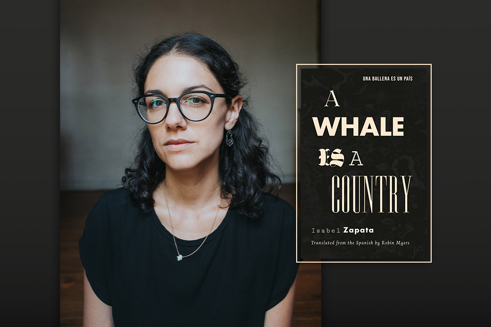 A photograph of Isabel Zapata with the cover to his book A Whale Is a Country