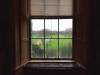 A photograph shot from inside a dark house, looking out a nearby window where greenery rolls out like a lush carpet beneath clouded skies